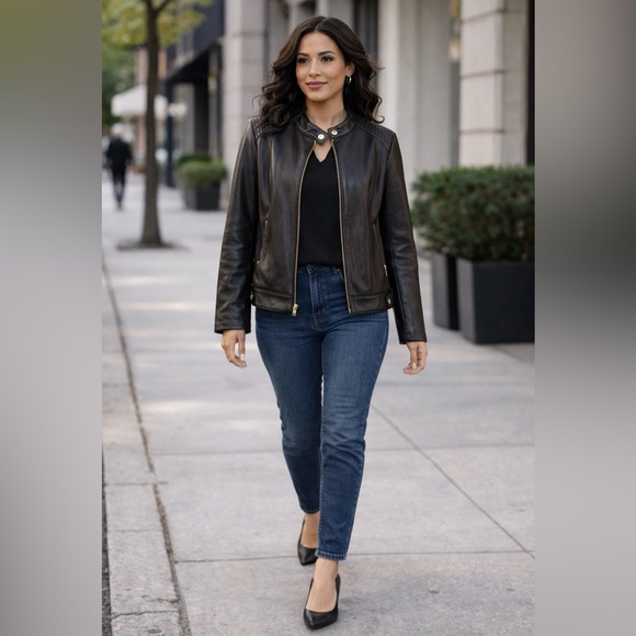 Cole Haan Jackets & Blazers - Cole Haan Women's Black Leather Zip Jacket with Snap Neck